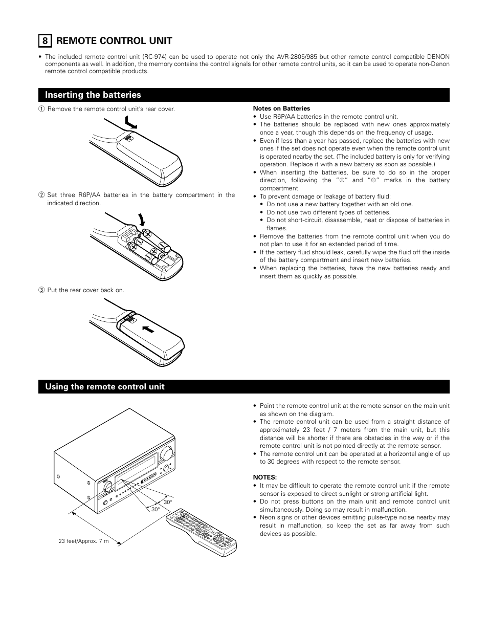 8 remote control unit, Inserting the batteries, Using the remote control unit | Denon AVR-985 User Manual | Page 48 / 100