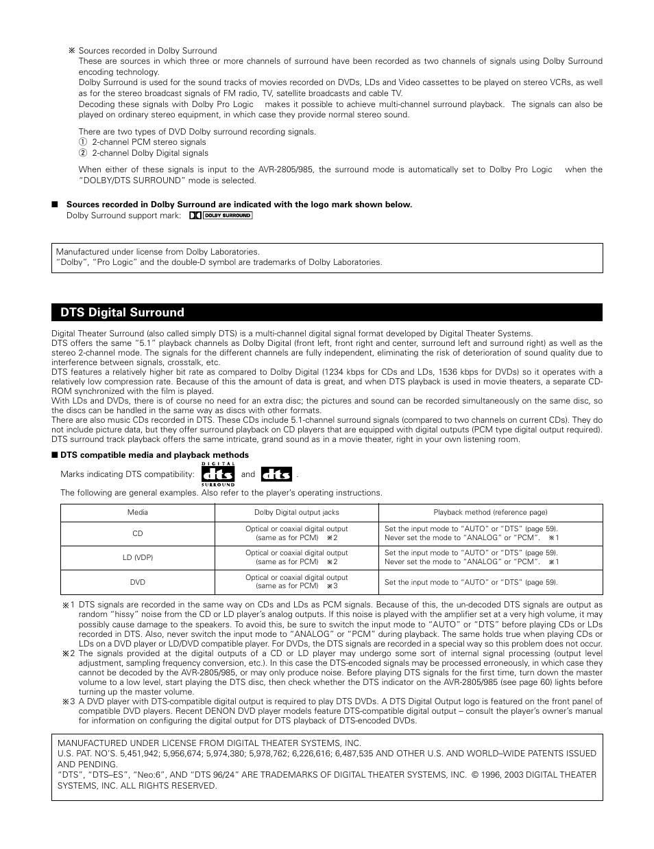 Dts digital surround | Denon AVR-985 User Manual | Page 91 / 100