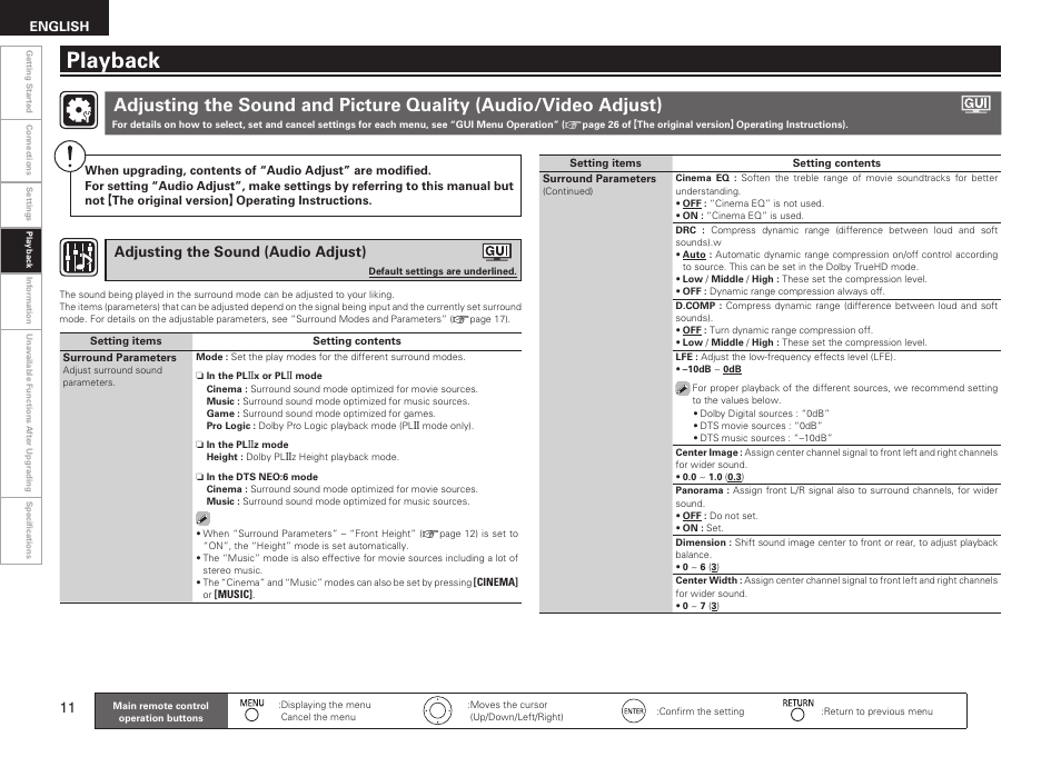 Playback, Adjusting the sound (audio adjust), English | Denon AVR-3310CI User Manual | Page 12 / 22