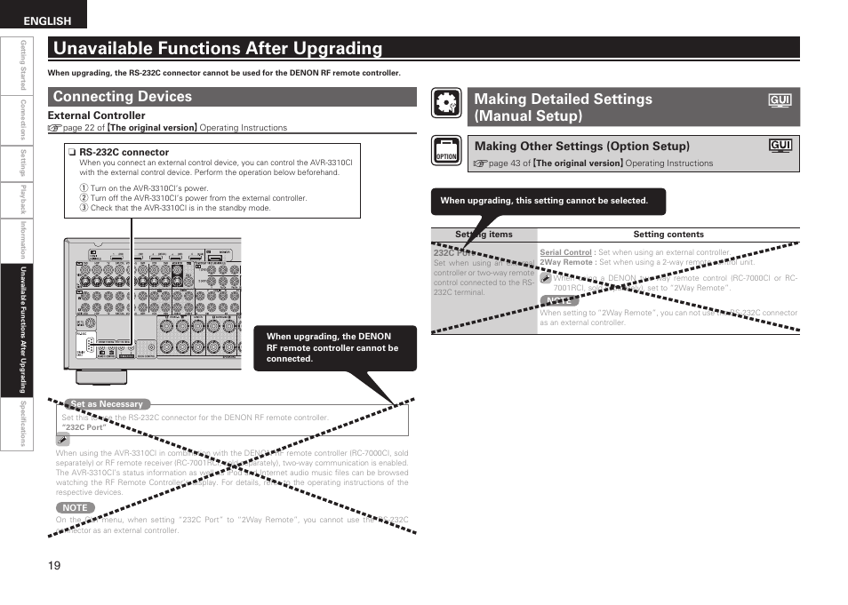 Unavailable functions after upgrading, Connecting devices, Making detailed settings (manual setup) | Making other settings (option setup) | Denon AVR-3310CI User Manual | Page 20 / 22