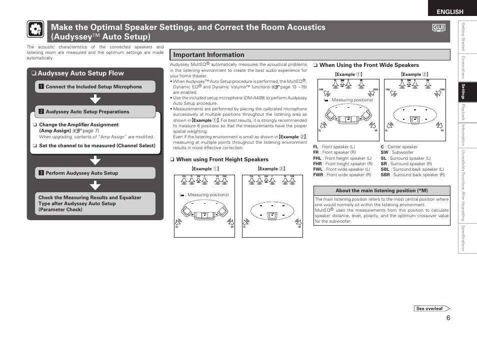 Audyssey auto setup flow n, Important information, English | When using the front wide speakers, When using front height speakers | Denon AVR-3310CI User Manual | Page 7 / 22