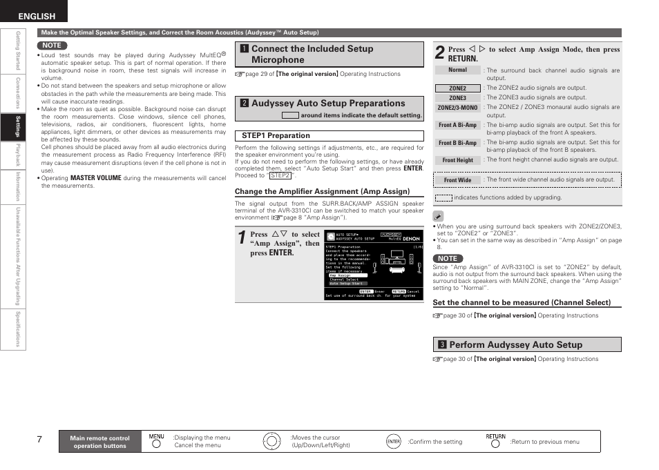 Saudyssey auto setup preparations, Dperform audyssey auto setup, Aconnect the included setup microphone | Denon AVR-3310CI User Manual | Page 8 / 22