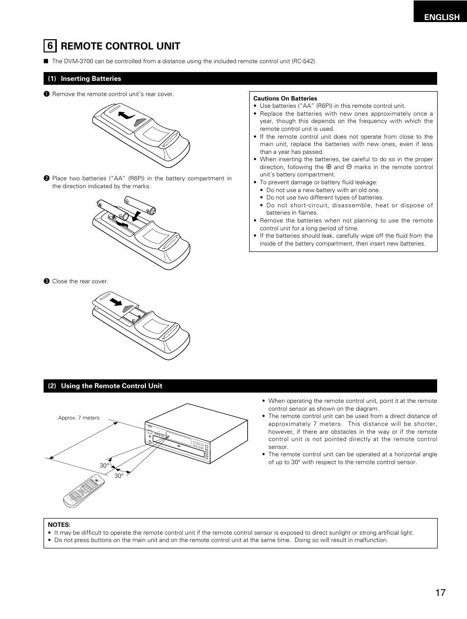 Remote control unit 6, English | Denon DMV-3700 User Manual | Page 17 / 62