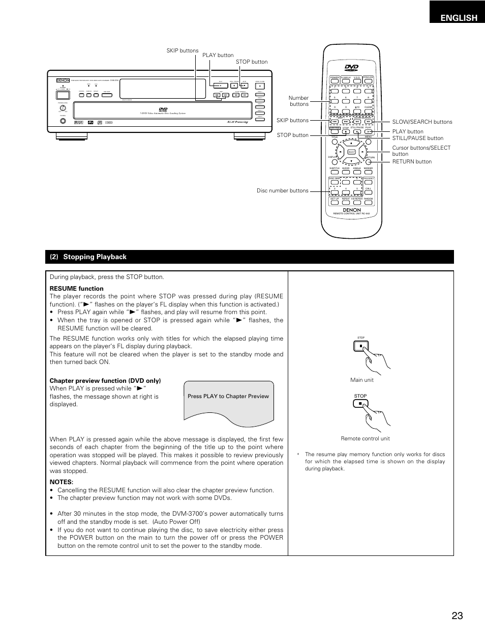 English, 2) stopping playback, Main unit | Disc number buttons press play to chapter preview | Denon DMV-3700 User Manual | Page 23 / 62