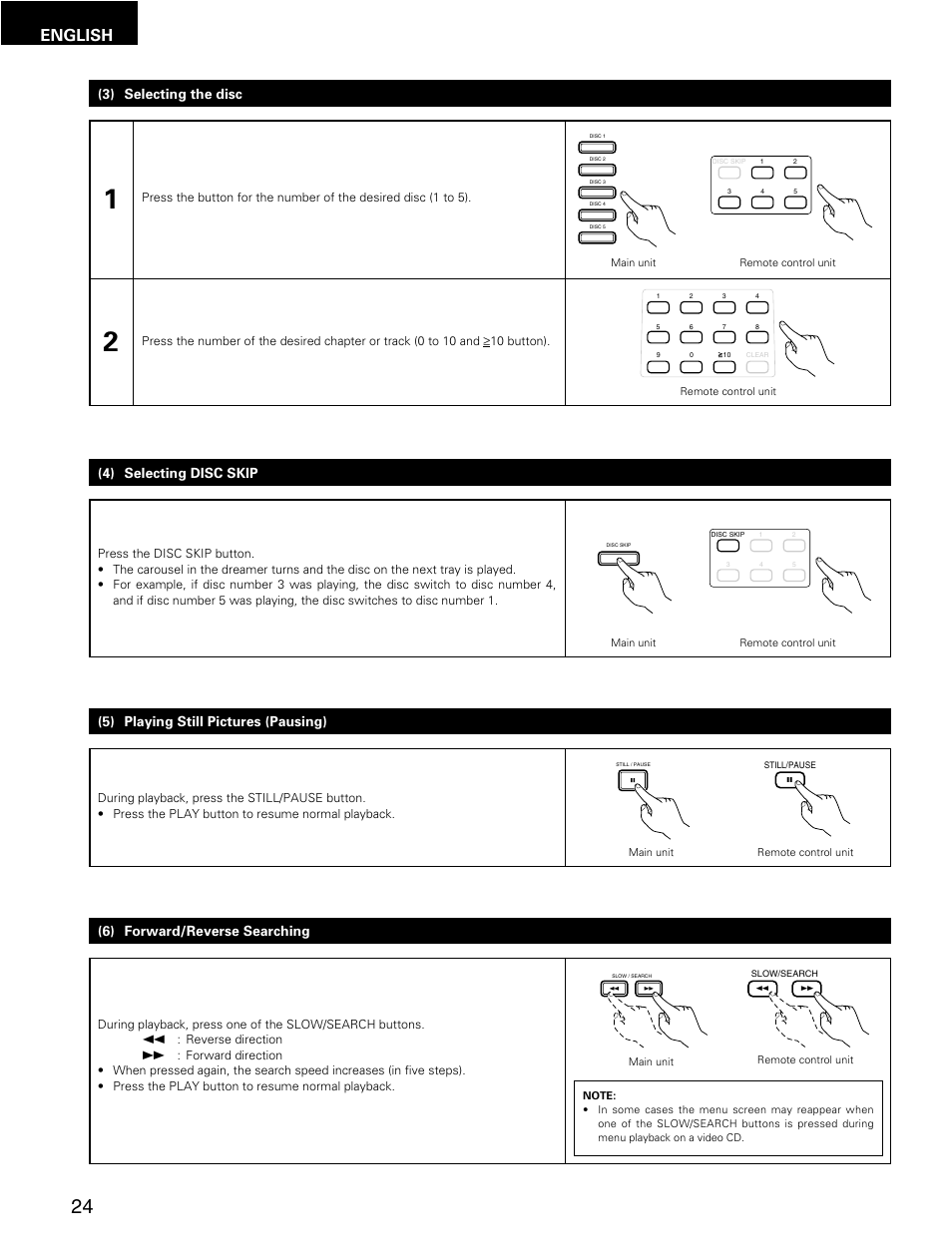 English, 5) playing still pictures (pausing), 6) forward/reverse searching | 4) selecting disc skip, 3) selecting the disc | Denon DMV-3700 User Manual | Page 24 / 62