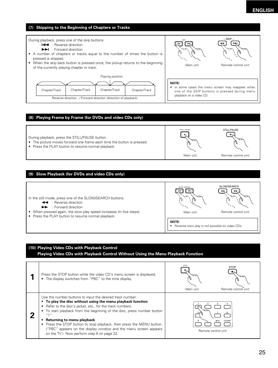 English, 9) slow playback (for dvds and video cds only), 7) skipping to the beginning of chapters or tracks | Denon DMV-3700 User Manual | Page 25 / 62