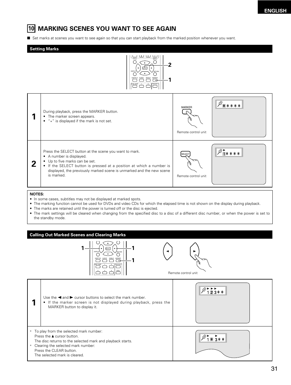 Marking scenes you want to see again 10, English, Setting marks | Calling out marked scenes and clearing marks | Denon DMV-3700 User Manual | Page 31 / 62