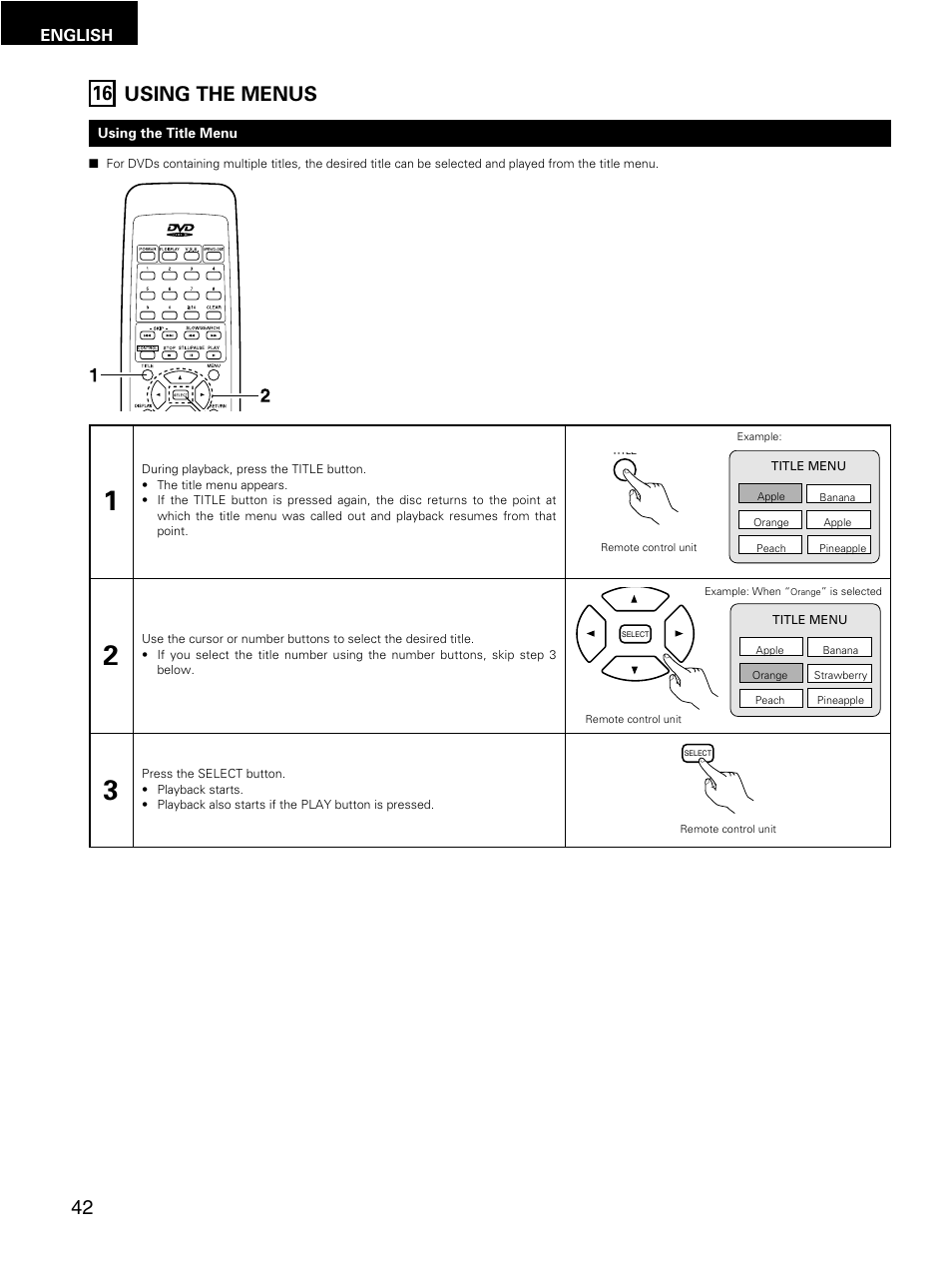 Using the menus 16 | Denon DMV-3700 User Manual | Page 42 / 62