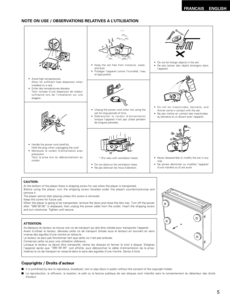 English francais copyrights / droits d’auteur | Denon DMV-3700 User Manual | Page 5 / 62
