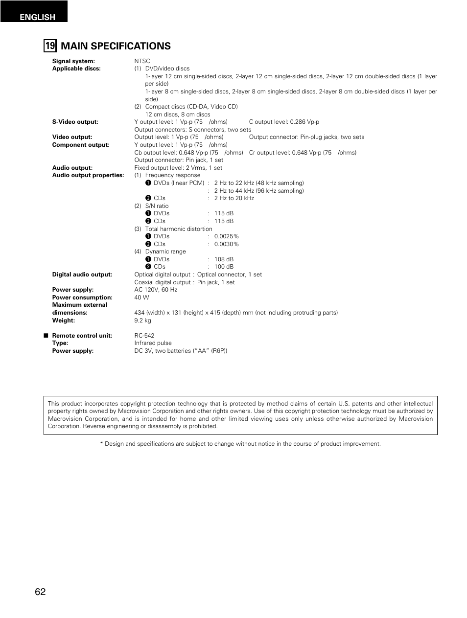 Main specifications 19, English | Denon DMV-3700 User Manual | Page 62 / 62