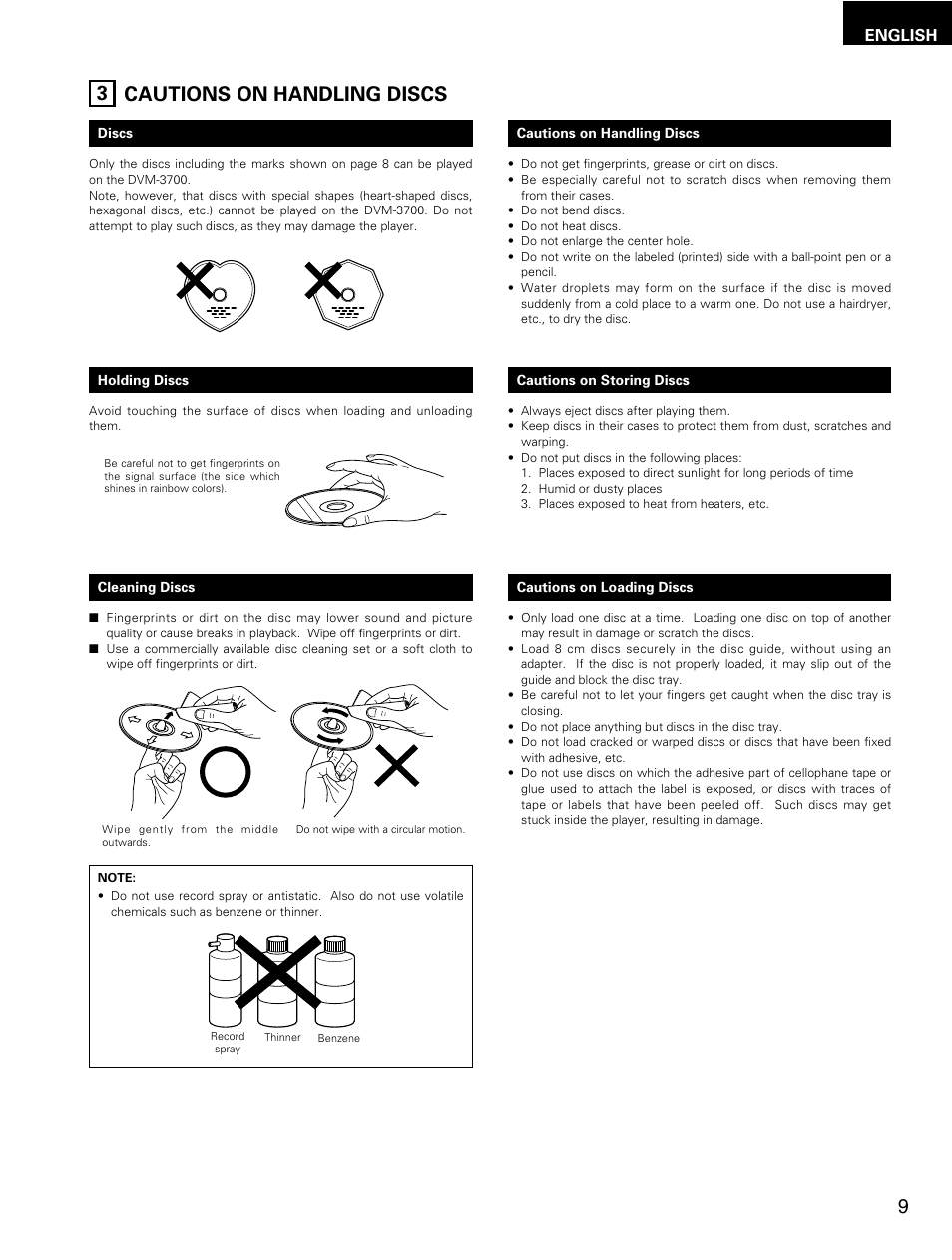 Cautions on handling discs 3, English | Denon DMV-3700 User Manual | Page 9 / 62