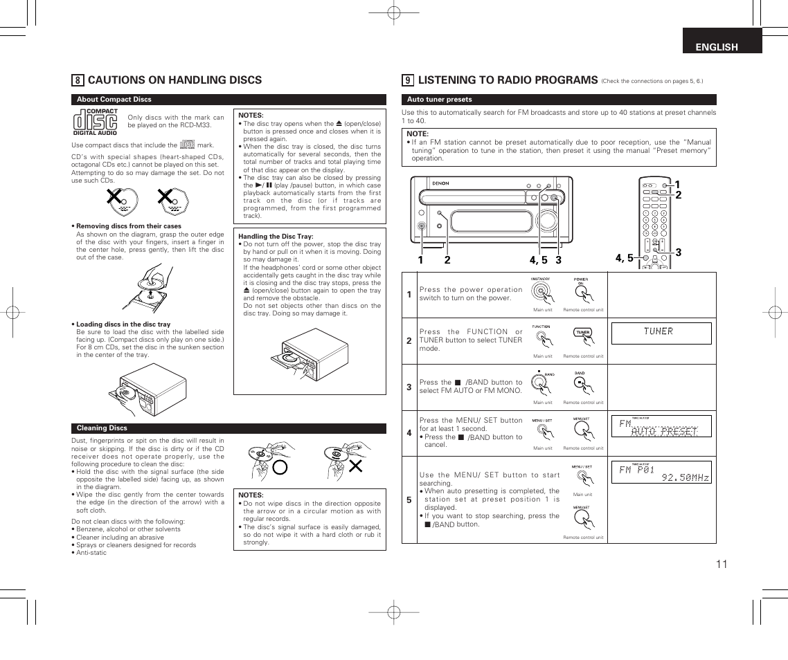 8 cautions on handling discs, 9 listening to radio programs, Cautions on handling discs | Listening to radio programs | Denon RCD-M33 User Manual | Page 11 / 74