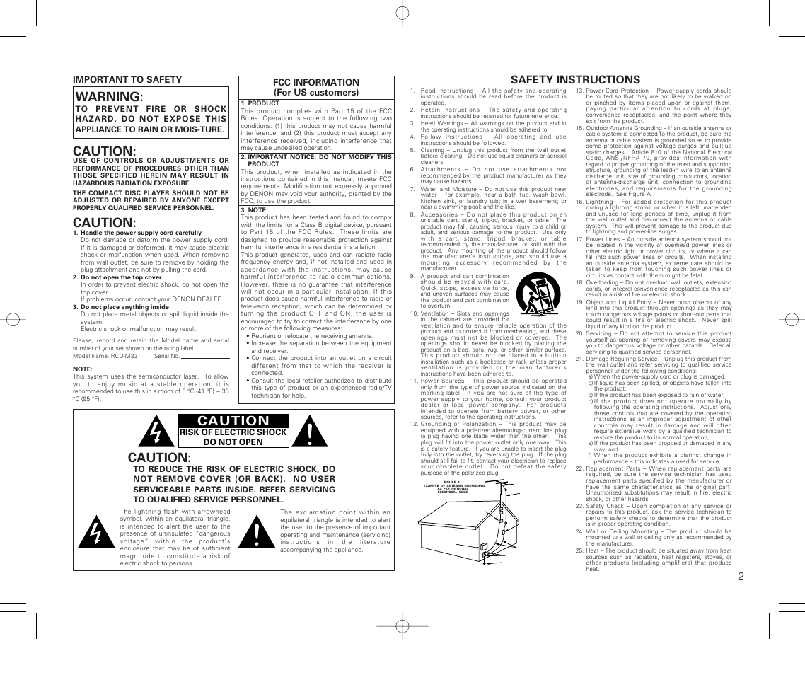 Warning, Caution, Safety instructions | Denon RCD-M33 User Manual | Page 2 / 74