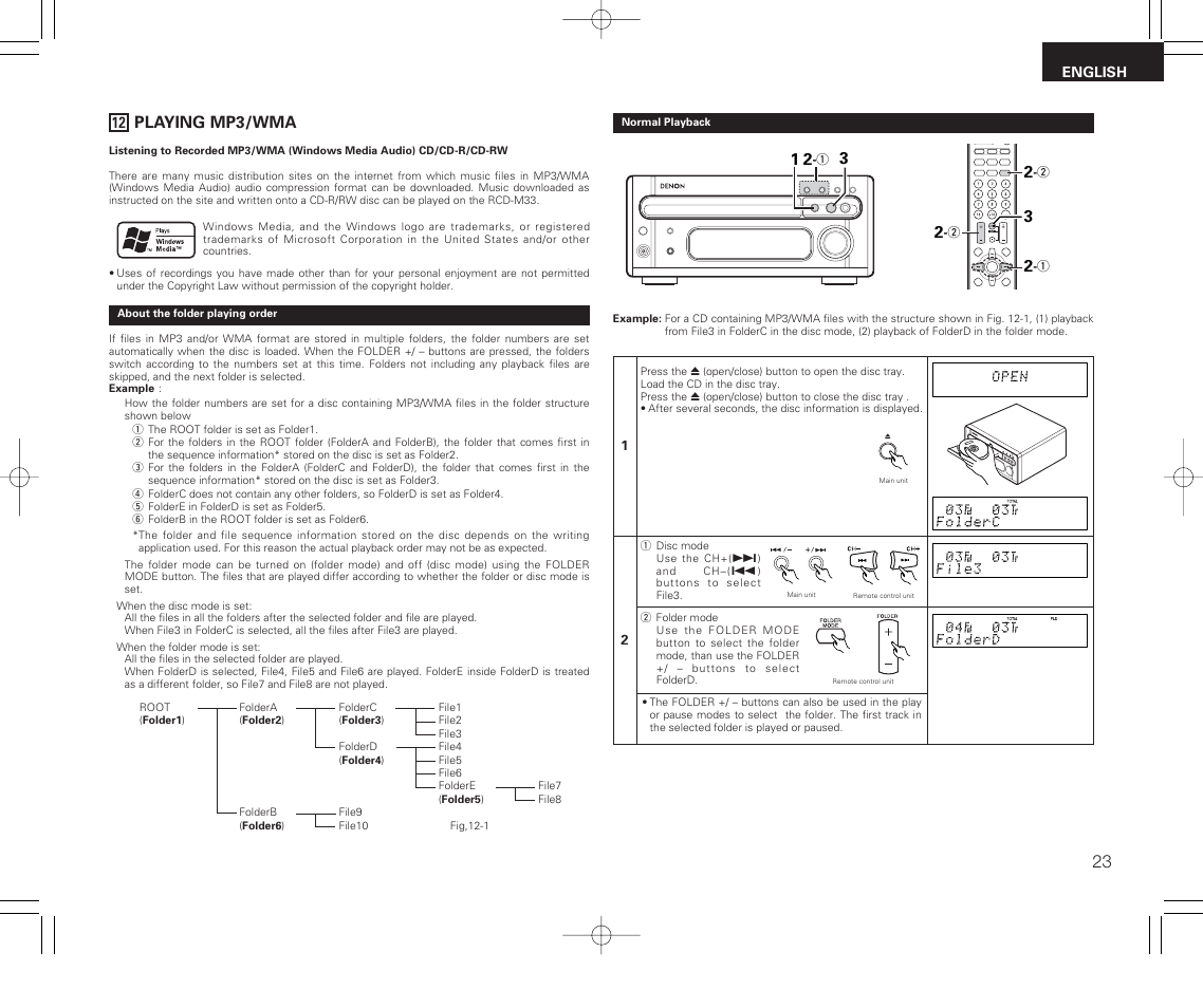 12 playing mp3/wma, Playing mp3/wma | Denon RCD-M33 User Manual | Page 23 / 74