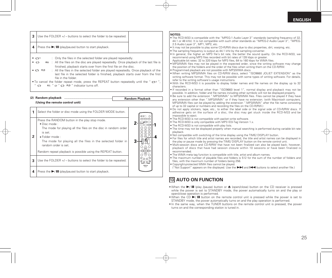 13 auto on function, Auto on function | Denon RCD-M33 User Manual | Page 25 / 74