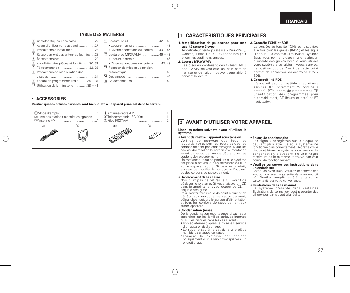 Francais, Caracteristiques principales, Avant d’utiliser votre appareil | Denon RCD-M33 User Manual | Page 27 / 74