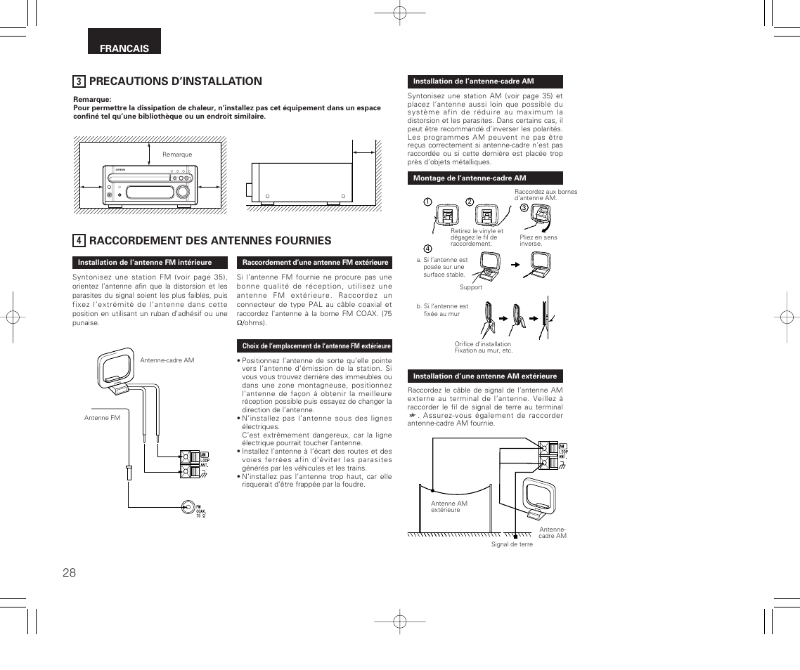 Raccordement des antennes fournies, Precautions d’installation | Denon RCD-M33 User Manual | Page 28 / 74