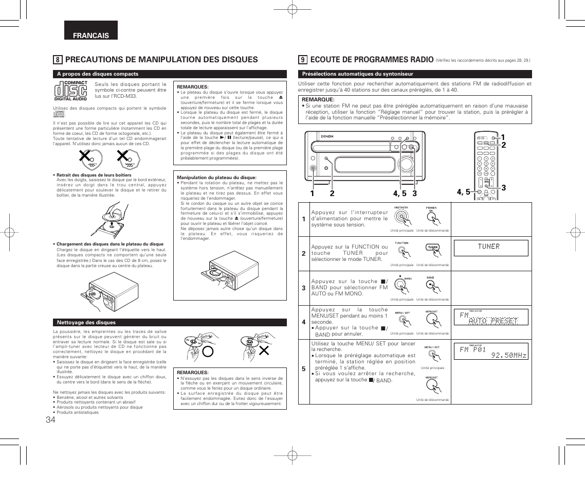 Precautions de manipulation des disques, Ecoute de programmes radio | Denon RCD-M33 User Manual | Page 34 / 74