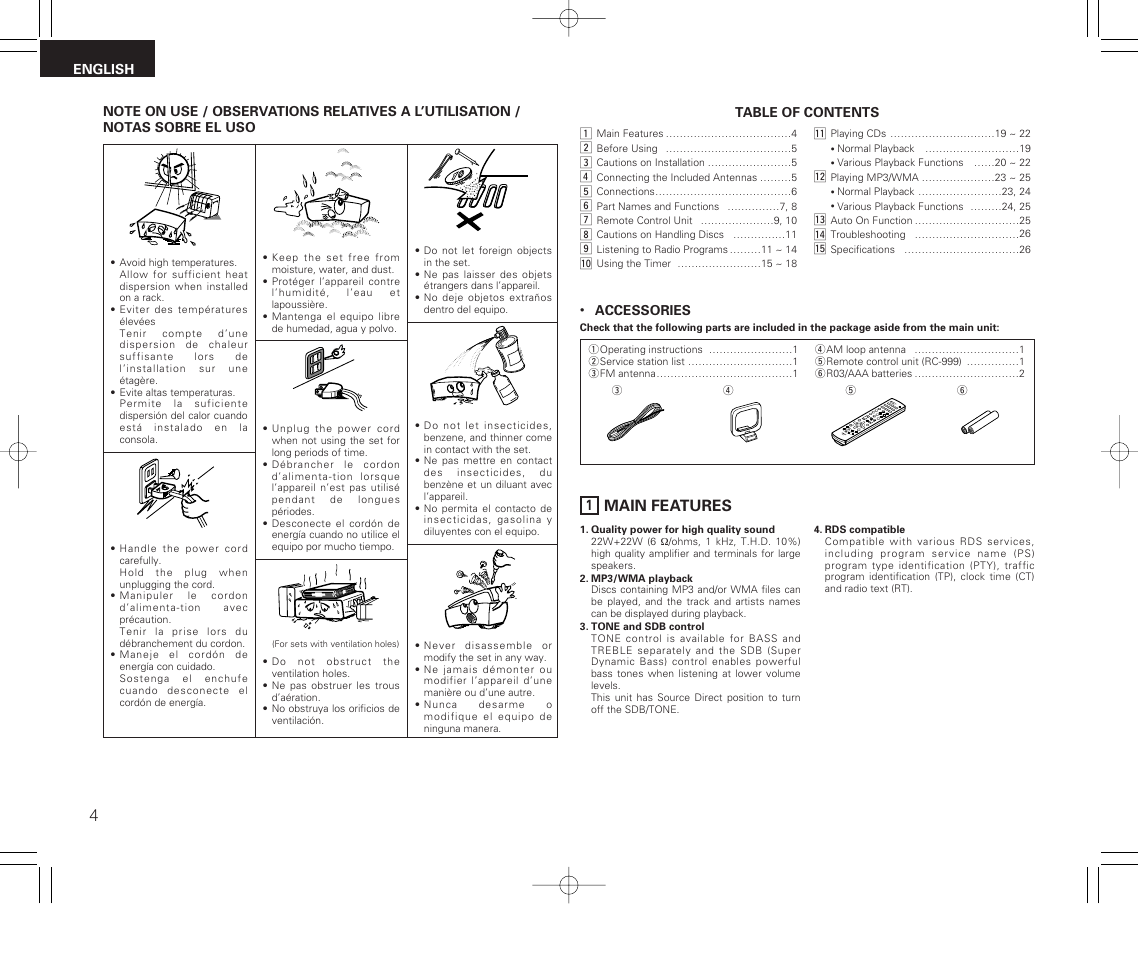 English, 1 main features, Main features | Denon RCD-M33 User Manual | Page 4 / 74