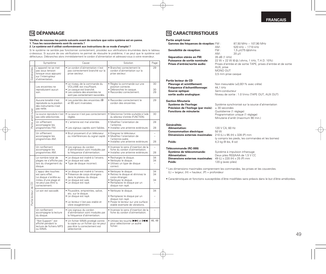 Dépannage, Caracteristiques, Francais | Denon RCD-M33 User Manual | Page 49 / 74