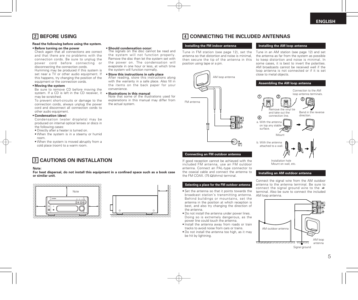 2 before using, 3 cautions on installation, 4 connecting the included antennas | Connecting the included antennas, Cautions on installation, Before using | Denon RCD-M33 User Manual | Page 5 / 74