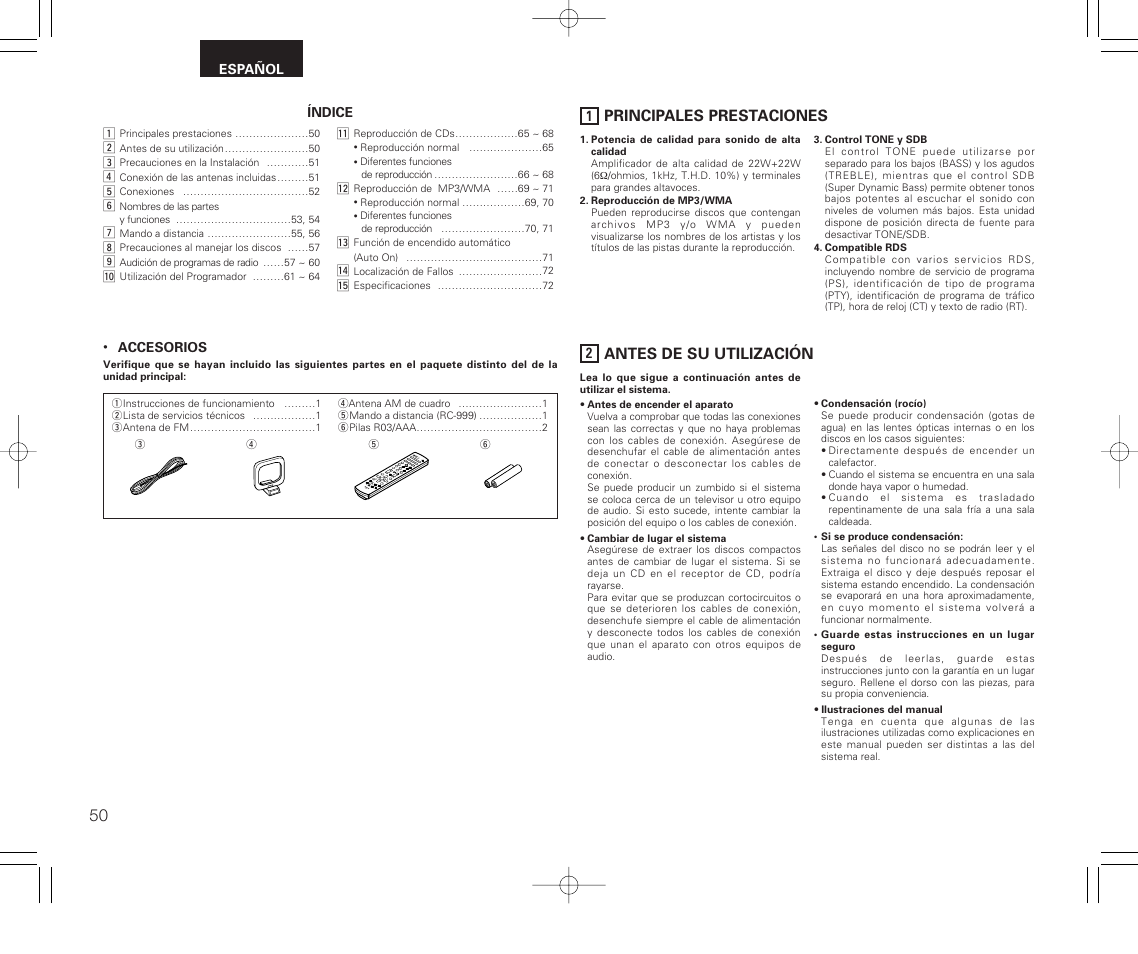 Espanol, Principales prestaciones, Antes de su utilización | Denon RCD-M33 User Manual | Page 50 / 74