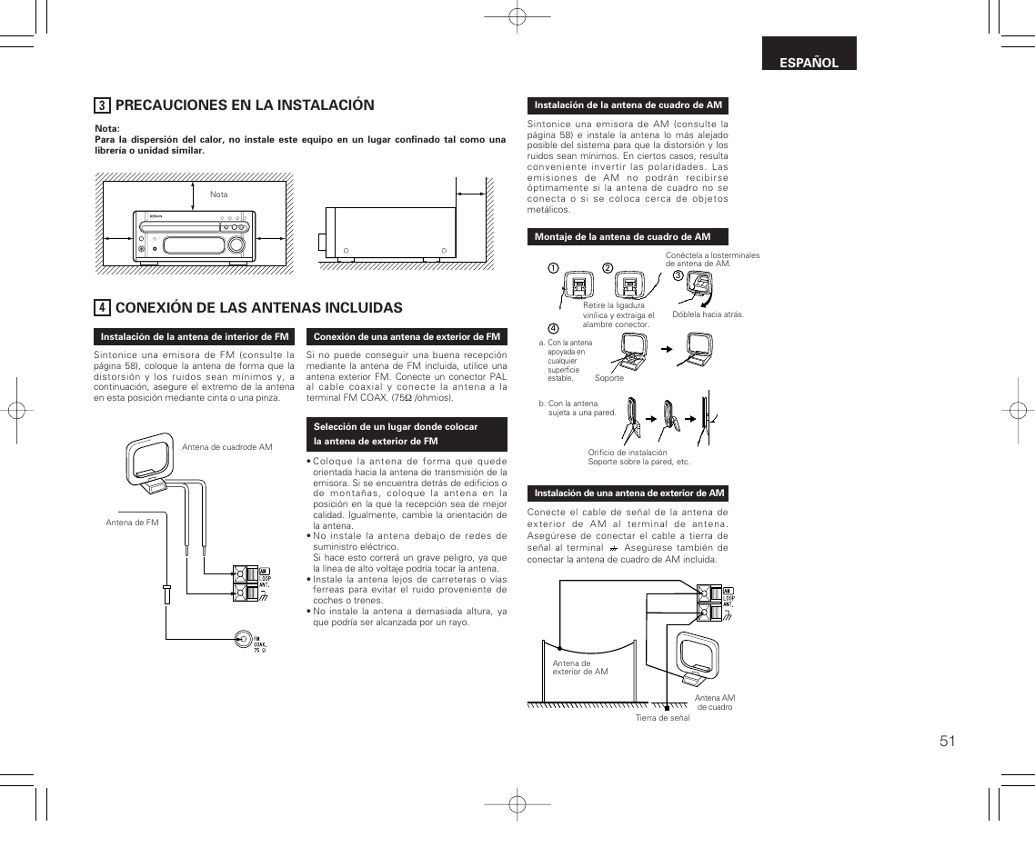 Conexión de las antenas incluidas, Precauciones en la instalación | Denon RCD-M33 User Manual | Page 51 / 74
