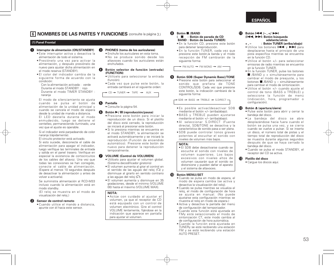 Nombres de las partes y funciones | Denon RCD-M33 User Manual | Page 53 / 74
