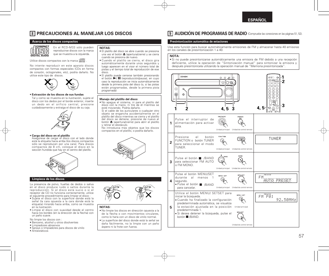 Precauciones al manejar los discos, Audición de programas de radio | Denon RCD-M33 User Manual | Page 57 / 74