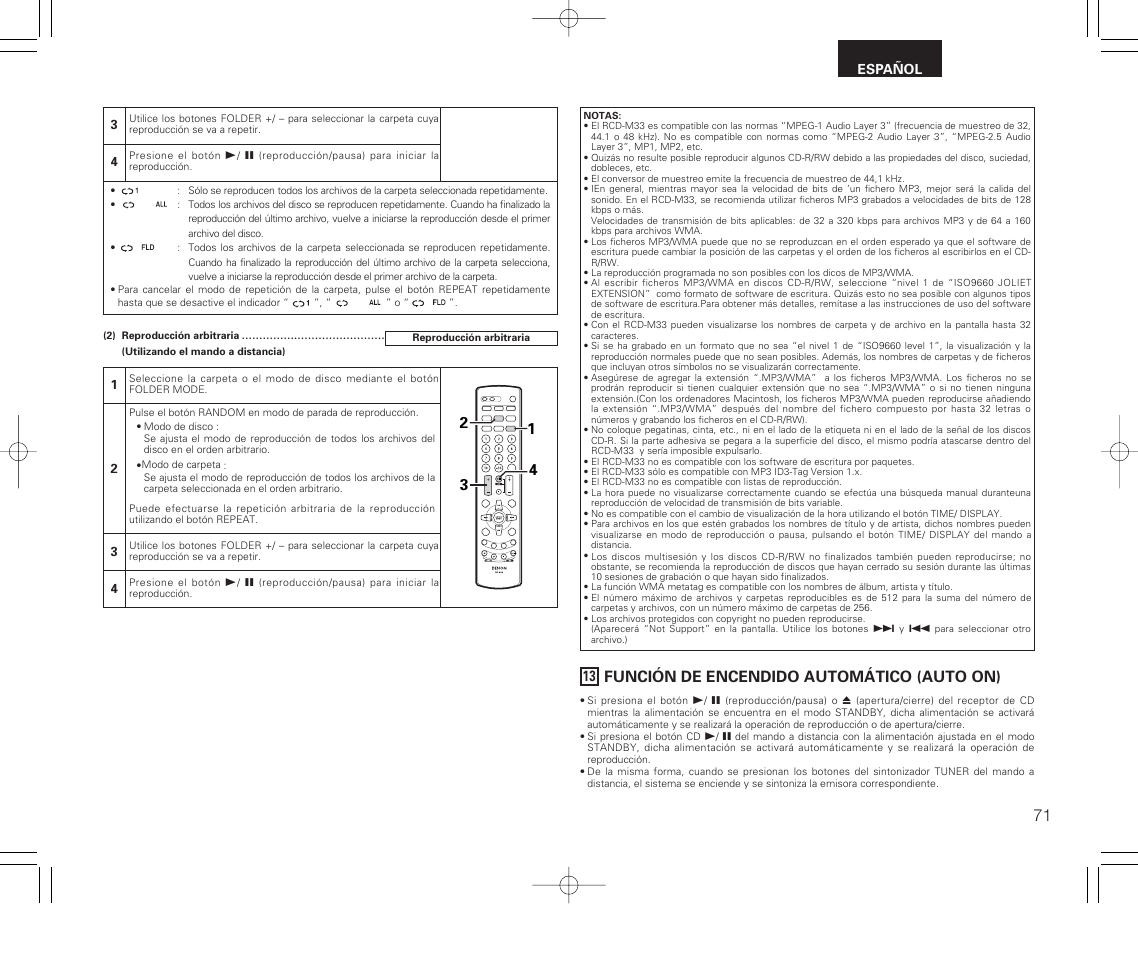 Función de encendido automático (auto on) | Denon RCD-M33 User Manual | Page 71 / 74