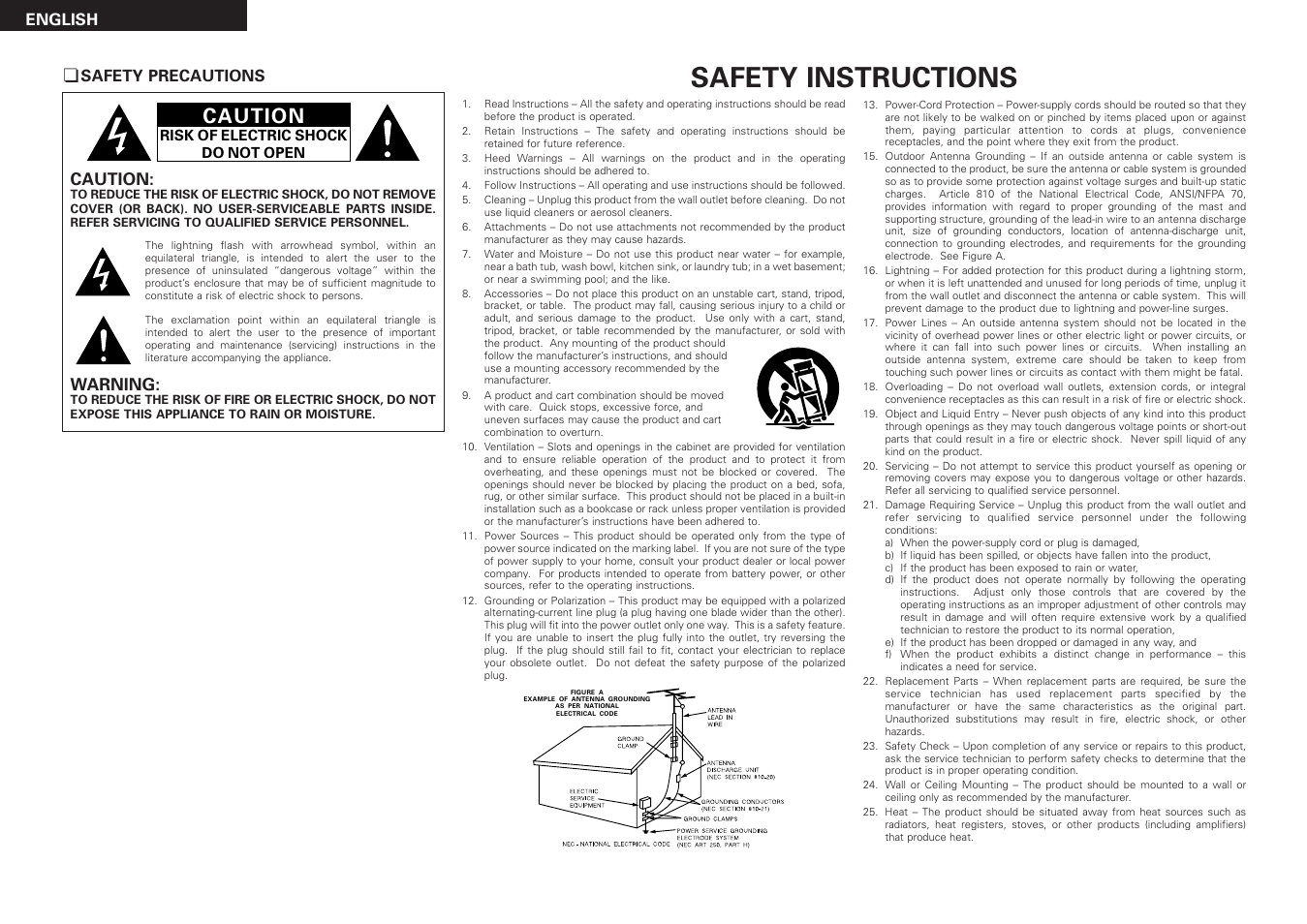 Safety instructions, Caution, Warning | English | Denon DRA-37 User Manual | Page 2 / 30