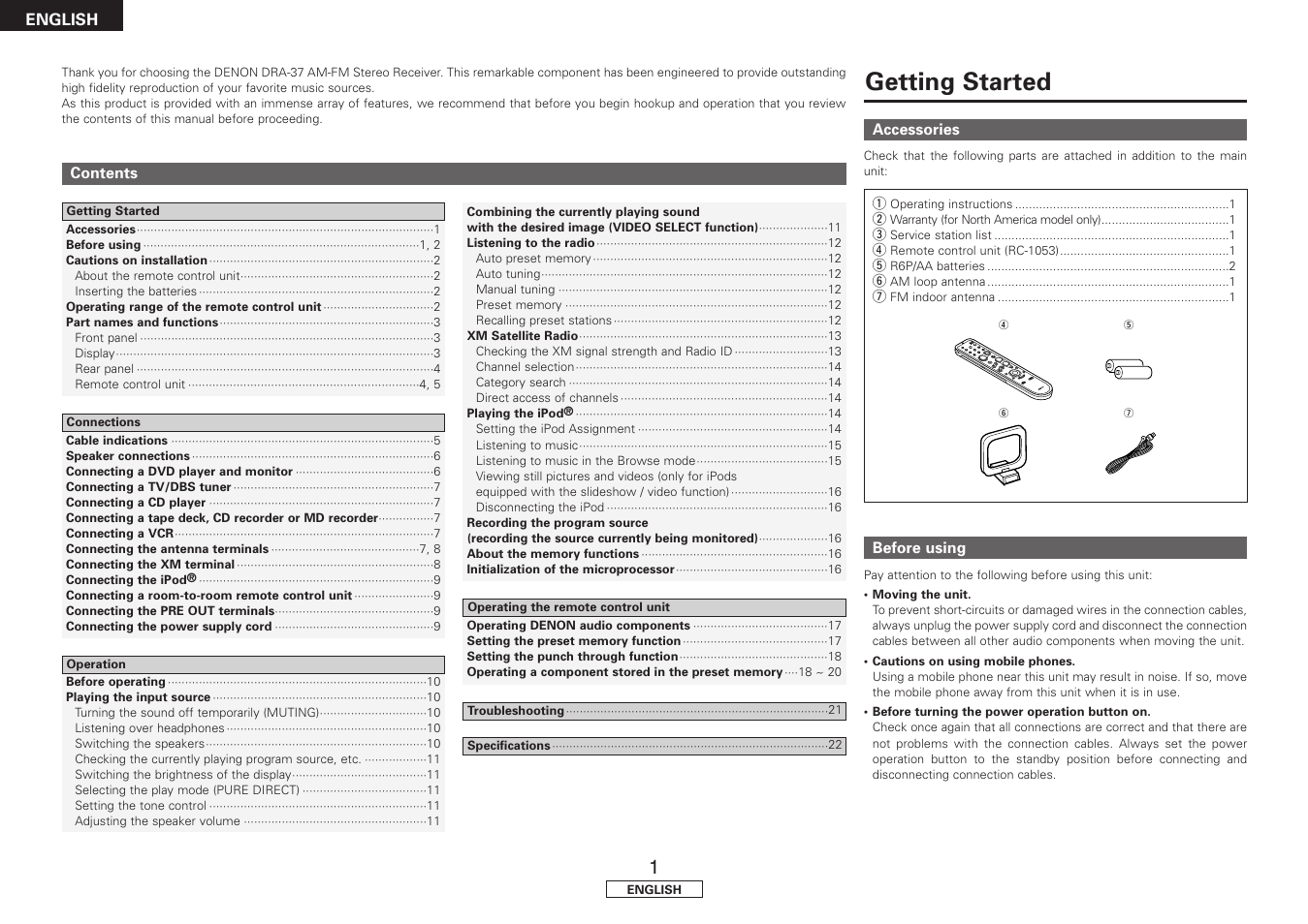 Getting started | Denon DRA-37 User Manual | Page 4 / 30