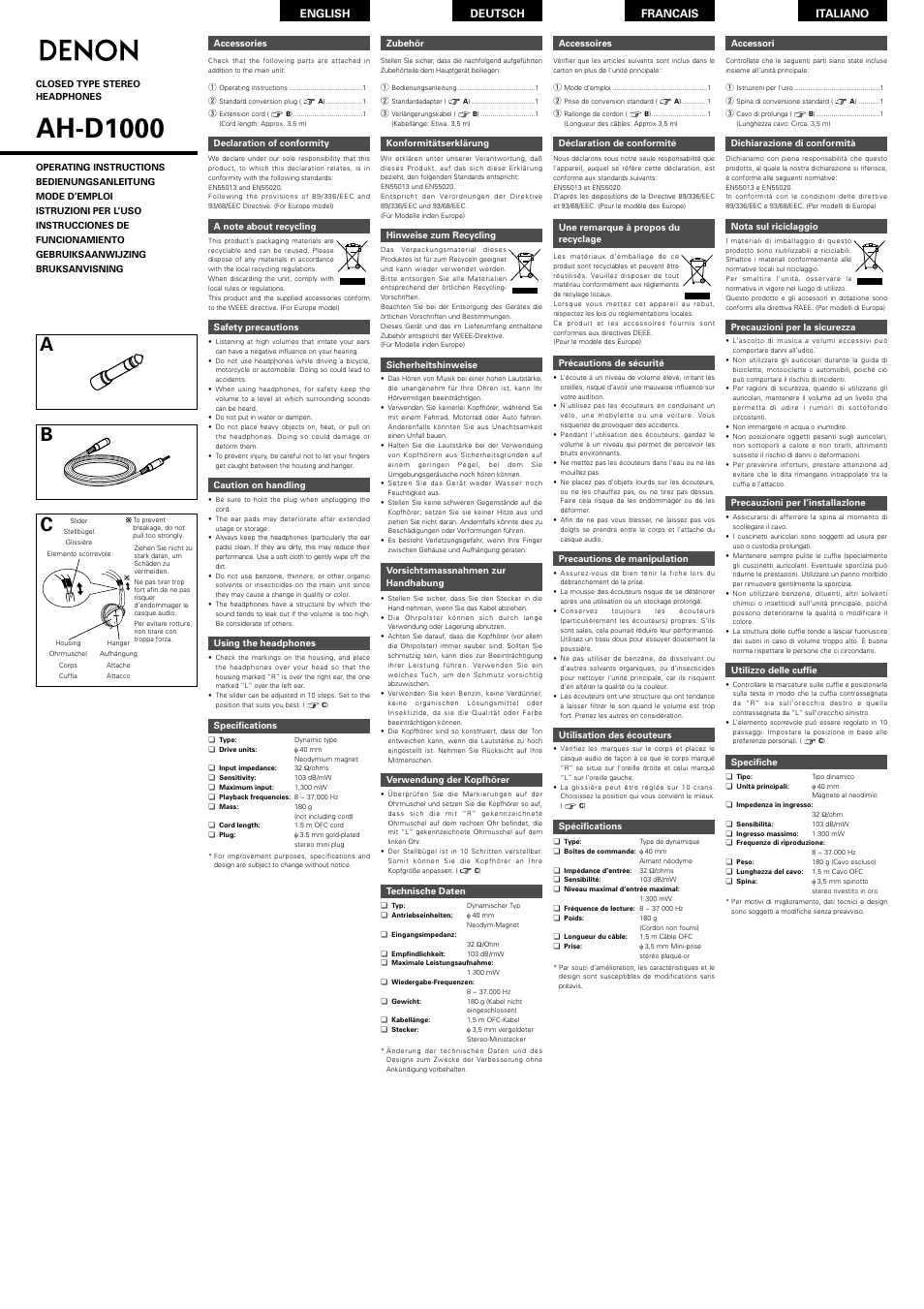 Denon AH-D1000 User Manual | 2 pages