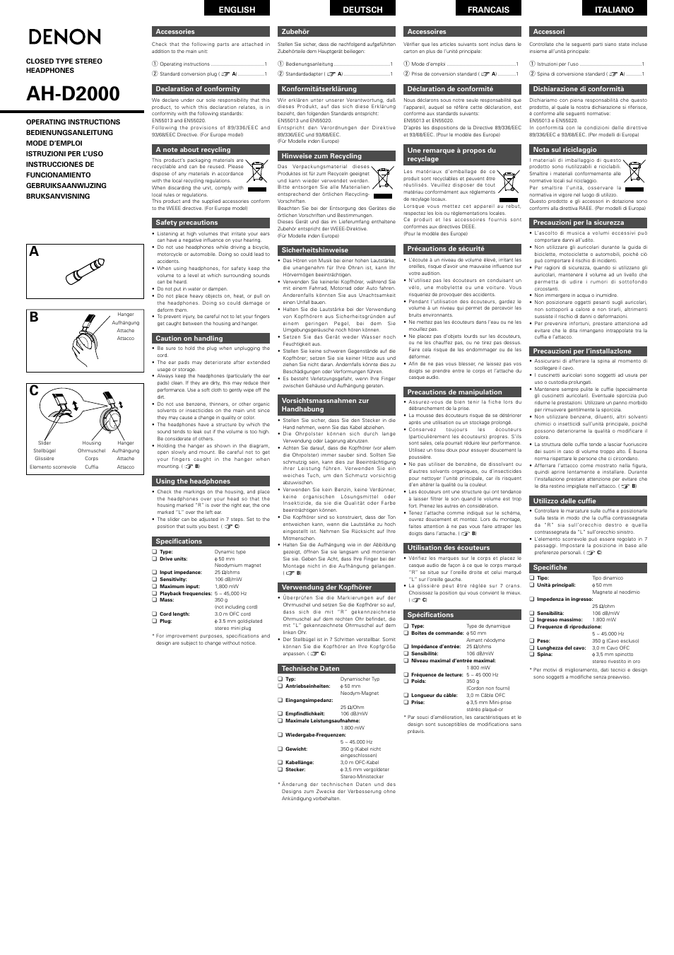 Denon AH-D2000 User Manual | 2 pages