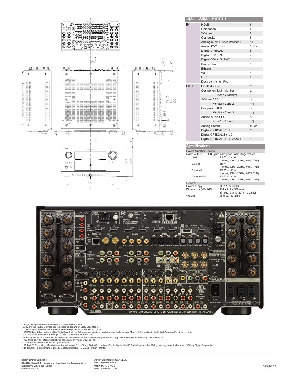 Input / output terminals specifications | Denon AVR 5308CI User Manual | Page 2 / 2