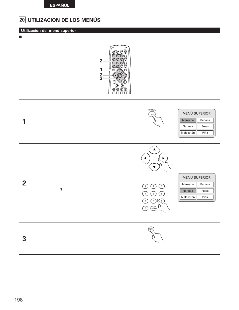 20 utilización de los menús, Español, Utilización del menú superior | Menú superior | Denon DVD-5900 User Manual | Page 132 / 140