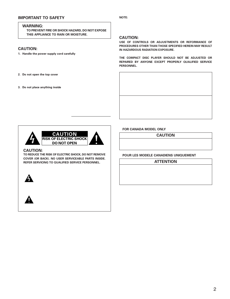 Important to safety warning, Caution, Attention | Denon DVD-5900 User Manual | Page 2 / 140