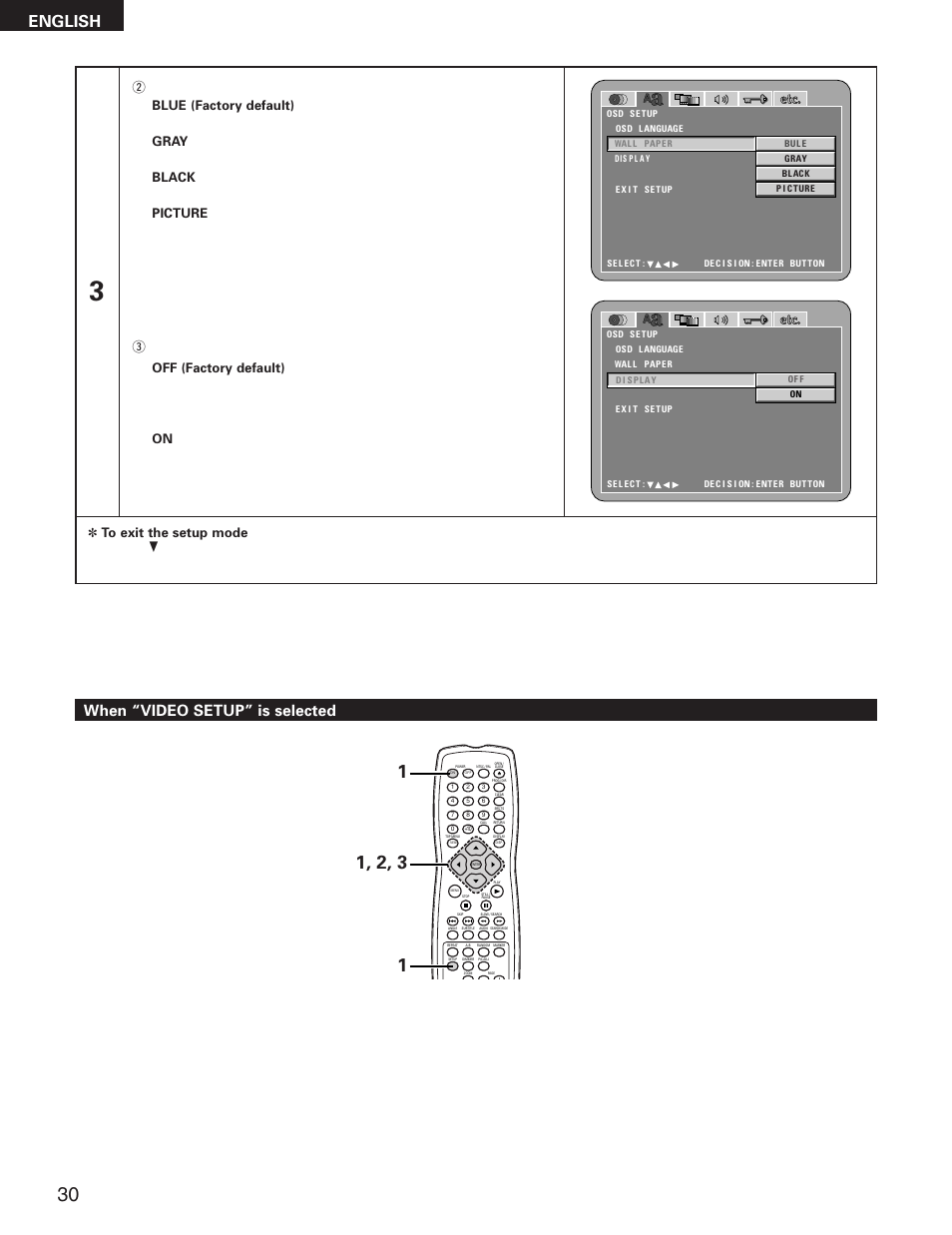 English, When “video setup” is selected | Denon DVD-5900 User Manual | Page 30 / 140