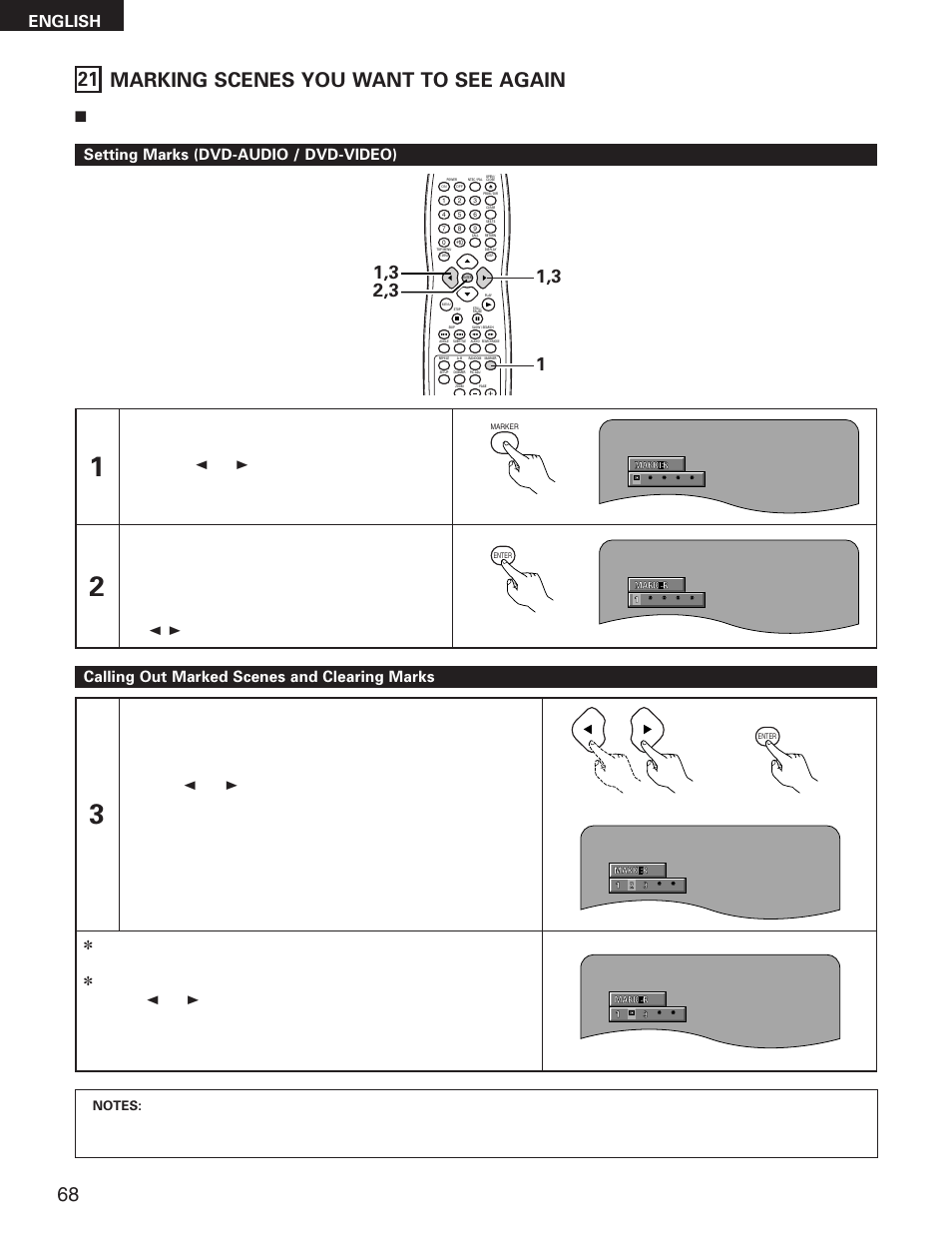 21 marking scenes you want to see again, English, Setting marks (dvd-audio / dvd-video) | Calling out marked scenes and clearing marks, Use the | Denon DVD-5900 User Manual | Page 68 / 140