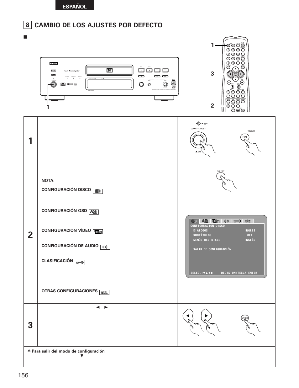8 cambio de los ajustes por defecto, Español, Unidad de control remoto | Unidad principal unidad de control remoto, Unidad de control remoto encendido | Denon DVD-5900 User Manual | Page 90 / 140