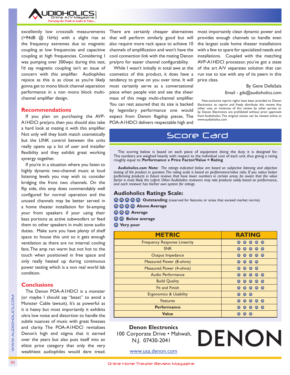 Score card, Metric rating, Recommendations | Conclusions, Audioholics ratings scale | Denon POA-A1HDCI User Manual | Page 10 / 10