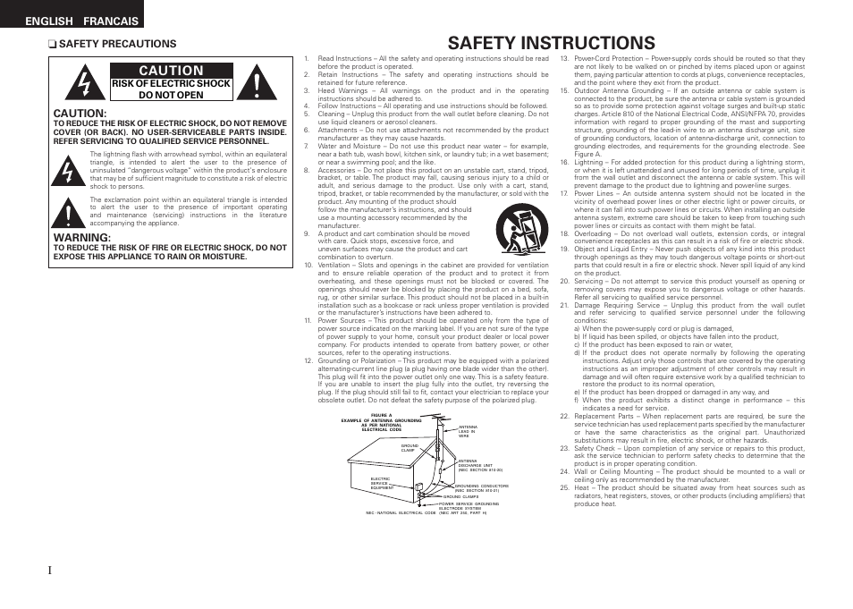 Safety instructions, Caution, Warning | English francais, Safety precautions | Denon AVR-1909 User Manual | Page 2 / 92