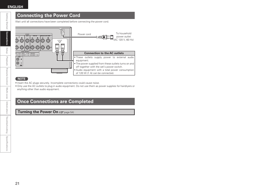 Connecting the power cord, Once connections are completed, Turning the power on | English | Denon AVR-1909 User Manual | Page 24 / 92