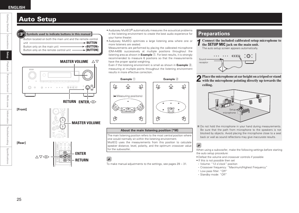 Auto setup, Preparations | Denon AVR-1909 User Manual | Page 28 / 92