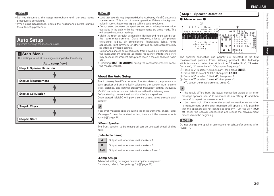 Auto setup, Astart menu, English | Denon AVR-1909 User Manual | Page 29 / 92