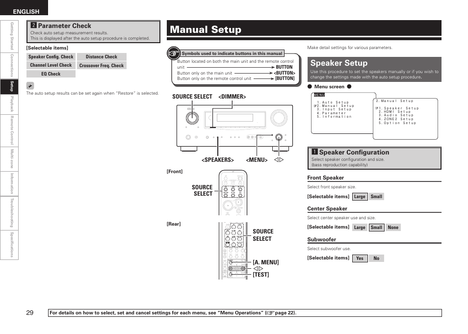 Manual setup, Speaker setup, Aspeaker configuration | Sparameter check | Denon AVR-1909 User Manual | Page 32 / 92
