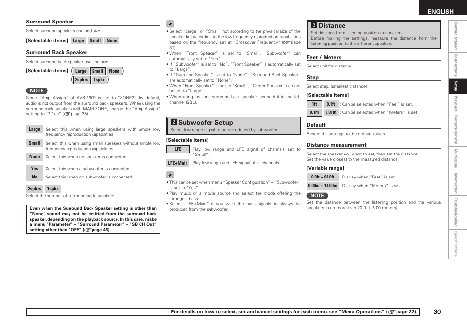 Ssubwoofer setup, Ddistance | Denon AVR-1909 User Manual | Page 33 / 92