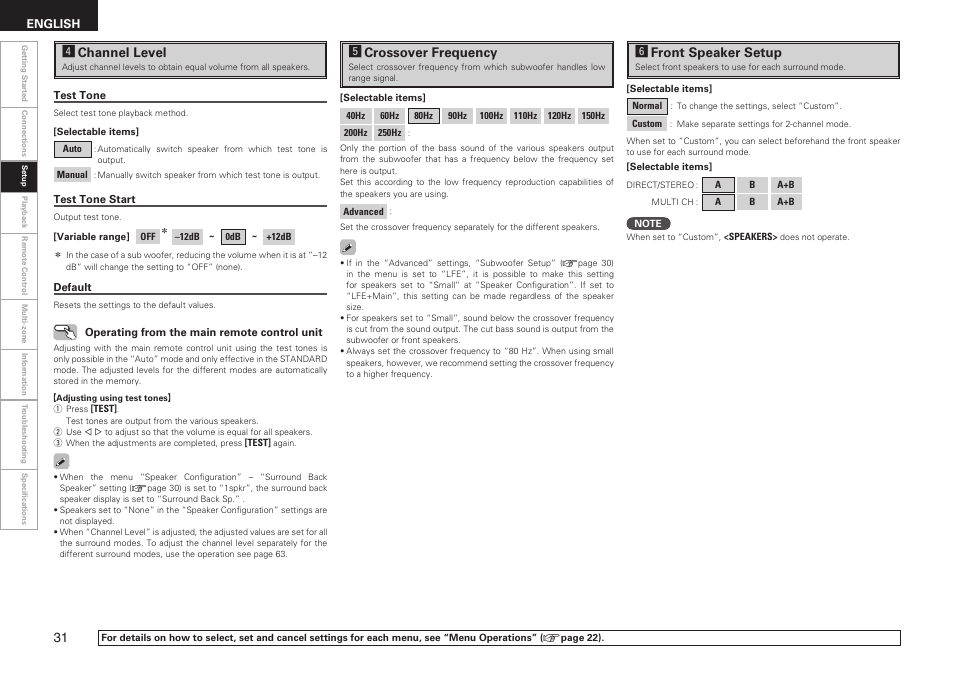 Hfront speaker setup, Gcrossover frequency, Fchannel level | Denon AVR-1909 User Manual | Page 34 / 92