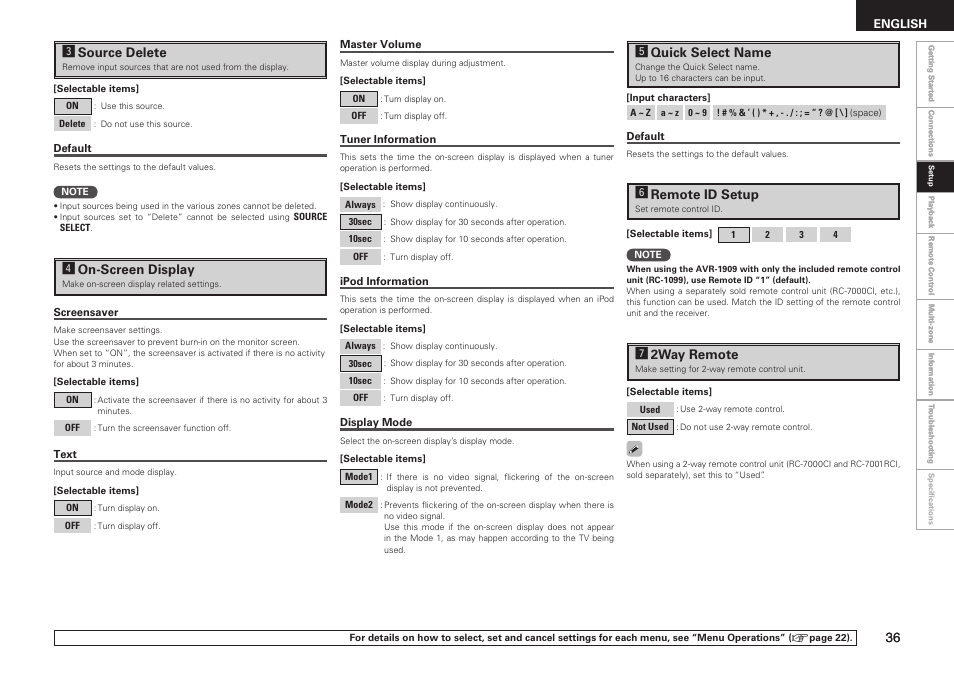 Dsource delete, Fon-screen display, Gquick select name | Hremote id setup, J2way remote | Denon AVR-1909 User Manual | Page 39 / 92