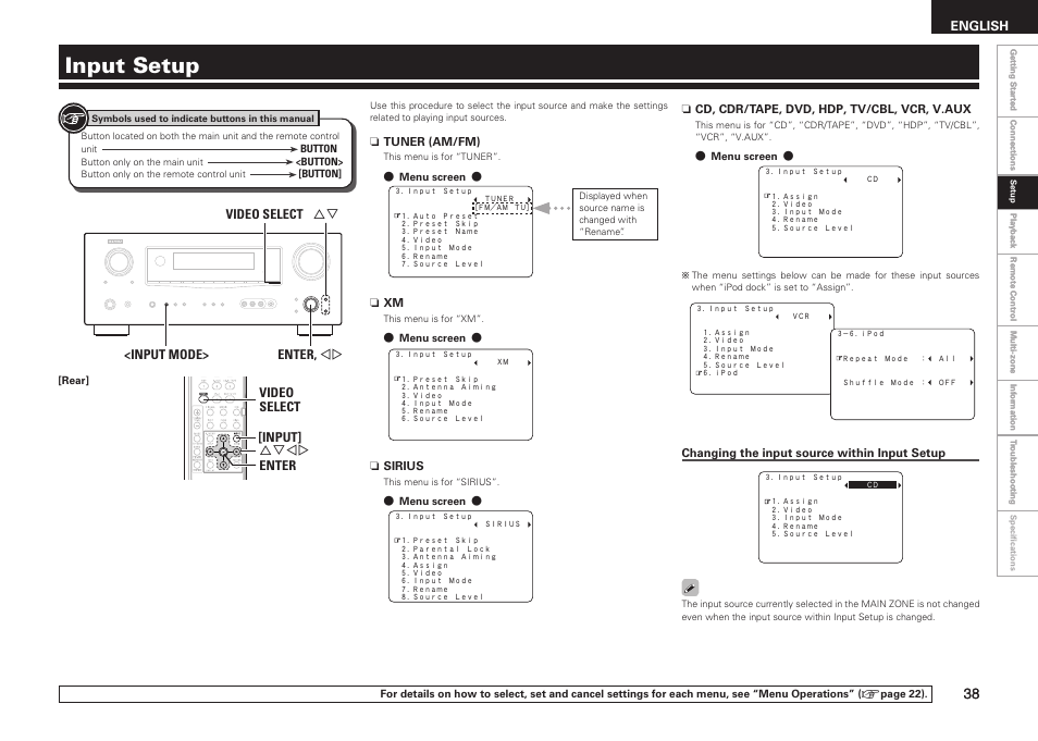 Input setup, English | Denon AVR-1909 User Manual | Page 41 / 92